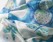 Long hand painted silk shawl with butterflies, blue floral scarf, silk wrap for beach, personalized gift for woman, silk accessory for mom