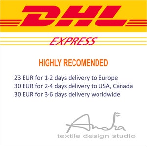 May include: The DHL Express logo in red and yellow, with the word "EXPRESS" below. The text "HIGHLY RECOMMENDED" is in orange. The image also includes the text "textile design studio".