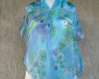 Handpainted Silk Chiffon Scarf, Abstract Floral Design, 36" Square Wrap