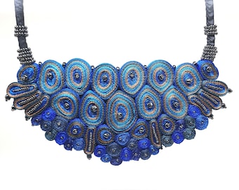 Bib statement necklace blue, extravagant collar necklace, quilled jewellery, gift for woman, fiber art jewelry, custom jewelry ready to ship