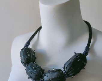 Silk bubble necklace black beaded, big silk bubbles necklace, extravagant fabric necklace, personalized gift, fiberart jewelry by Audra Zili