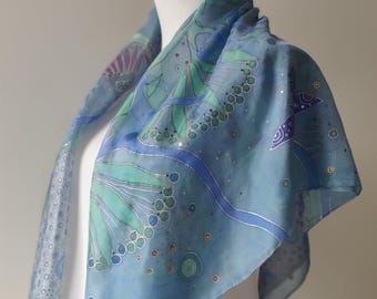 Silk scarf with butterflies, silk scarf hand painted blue, square floral silk wrap, personalized gift for woman, silk painting by Audra Zili