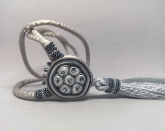 Extra long gray tassel necklace beaded, fabric necklace silver gray, silver grey tassel, personalized gift for woman - Fiber art jewellery