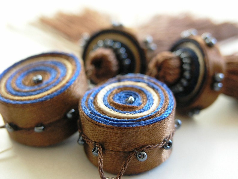 Dangle Tassel Earrings Brown Blue, Long Earrings, Fabric Earrings