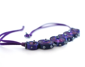 Purple textile necklace, pendant purple, bib necklace blue, collar necklace, blue fabric necklace beaded, gift for woman - Textile jewelry