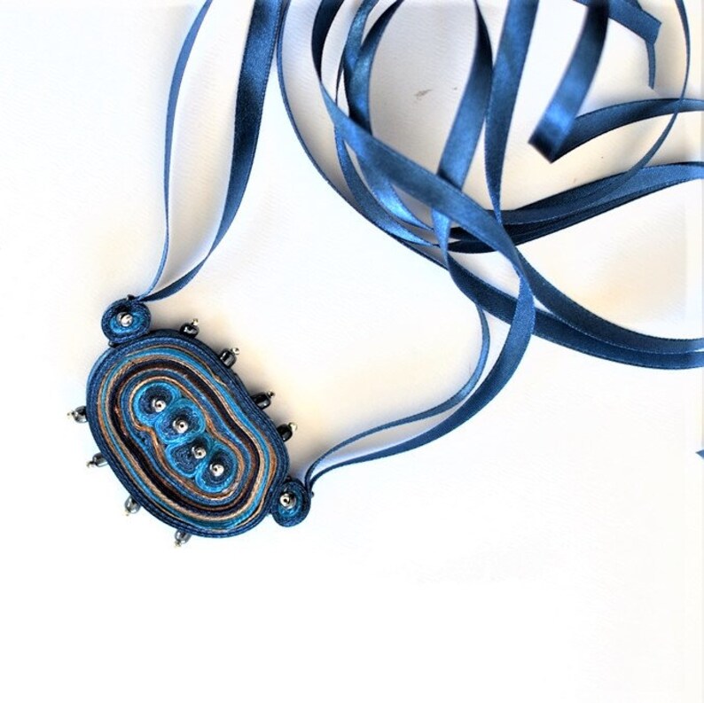 Navy Blue Textile Necklace, Bib Necklace Beaded, Fiber Pendant