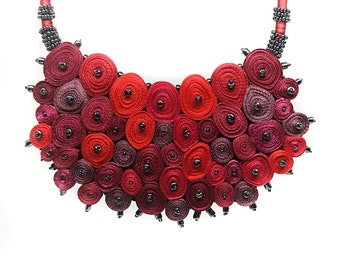 Christmas gift, red statement collar necklace, textile necklace beaded, personalized gift for woman, contemporary jewelry, Fiber art jewelry