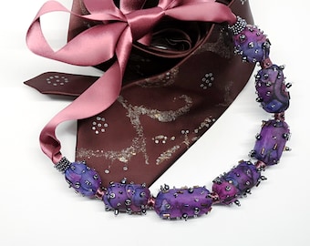 Bubble necklace purple, fabric bead necklace, bib necklace beaded, silk necklace purple, big bubbles beaded, personalized gift for woman