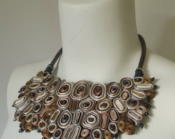 Statement necklace beige, fabric necklace brown, bib necklace brown, gift for woman, gift for her - Fiber art jewelry ooak made to  order