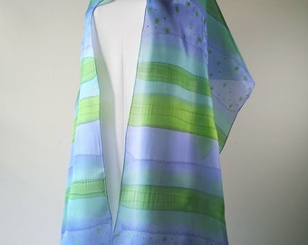 Long silk shawl blue, hand painted silk shawl green, silk wrap blue, silk scarf, personalized gift for woman, original silk art accessory