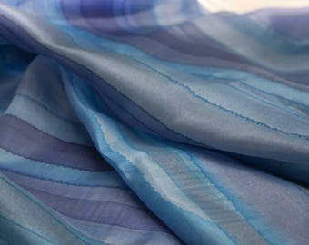 Silk scarf blue hand painted, long silk shawl, purple stripes shawl, silk wrap handpainted, hand painted silk accessory ooak ready to ship