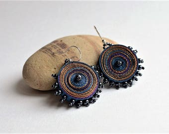 Dangle textile earrings purple blue, fiber earrings round beaded, gift for woman, gift for her, fiber art jewelry - ooak textile jewelry
