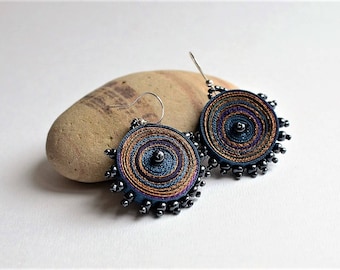 Dangle textile earrings purple blue, fiber earrings round beaded, gift for woman, gift for her, fiber art jewelry - ooak textile jewelry