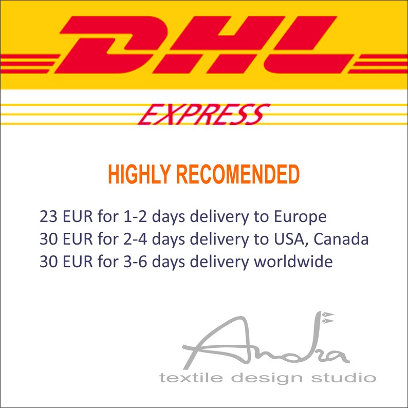 Peut inclure: &Eacute;tiquette d'exp&eacute;dition DHL Express avec le texte "HIGHLY RECOMMENDED" et les tarifs d'exp&eacute;dition pour l'Europe, les &Eacute;tats-Unis, le Canada et le monde entier. L'&eacute;tiquette comprend &eacute;galement le texte "textile design studio".