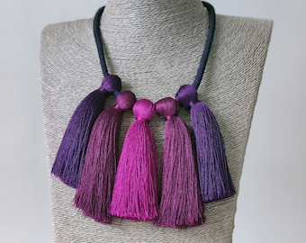 Tassel necklace, 2023 color trend necklace, personalized long purple fringe necklace, contemporary jewelry, fiber art jewelry by AudraZili