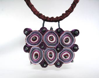 Statement necklace purple, bib necklace beaded, textile necklace purple, fiber pendant, gift for woman - Textile jewelry ooak ready to ship