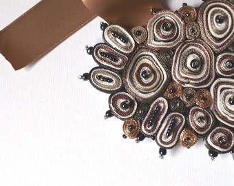 Textile necklace brown, bib necklace, statement necklace beaded, contemporary jewelry, bib necklace brown - Textile jewelry made to order