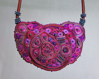 Extravagant textile necklace, collier necklace beaded, collar necklace purple, 2023 color trend, wearable fiber art necklace by Audra Zili