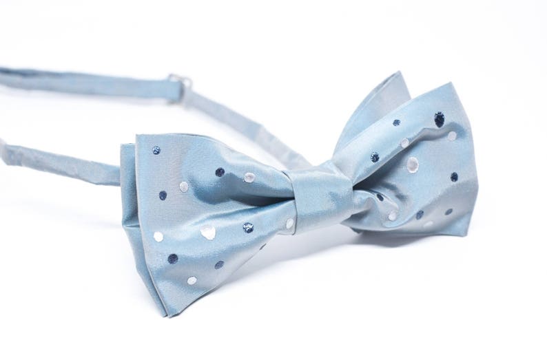 Peut inclure: Un n&oelig;ud papillon bleu clair avec un motif de pois blancs et bleus.