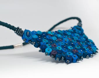 bib necklace online Statement necklace blue, extravagant necklace, bib necklace blue, fabric necklace beaded, collar necklace, gift for woman - Fabric jewelry