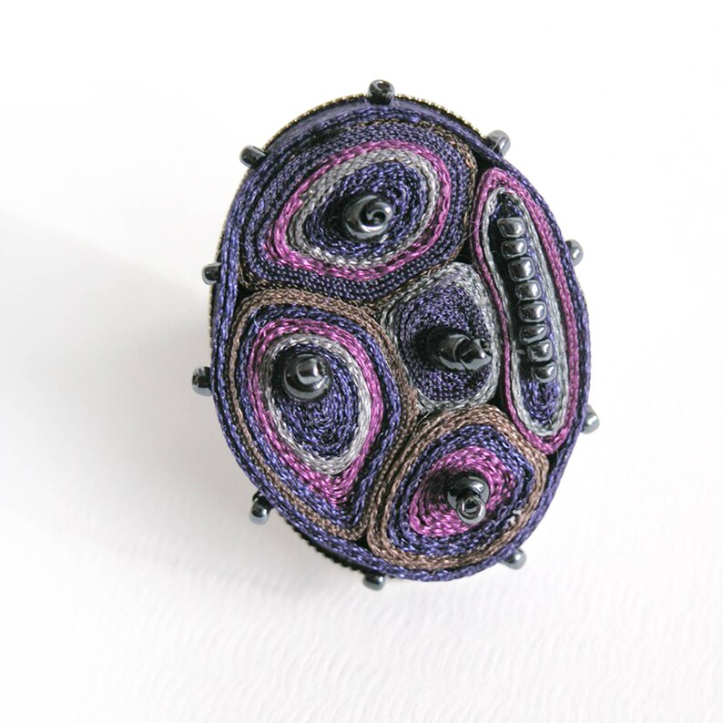 Statement ring purple beaded, adjustable textile ring, fabric ring, fiber ring navy, gift for woman, gift for her Textile jewelry image 4