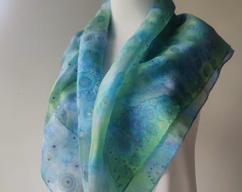 Handpainted square silk scarf 30in green pointed, silk painting