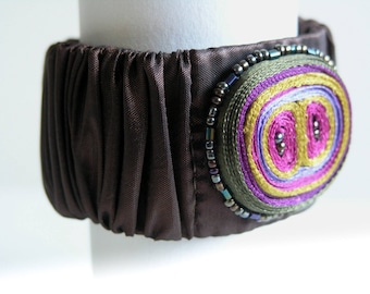 Textile bracelet brown purple, fabric cuff beaded, bracelet brown, brown cuff bracelet, gift for woman, gift for her - Textile jewelry