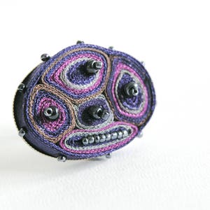 Statement ring purple beaded, adjustable textile ring, fabric ring, fiber ring navy, gift for woman, gift for her Textile jewelry image 3