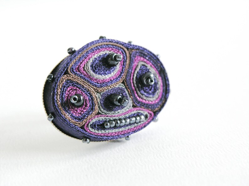 Statement ring purple beaded, adjustable textile ring, fabric ring, fiber ring navy, gift for woman, gift for her Textile jewelry image 3