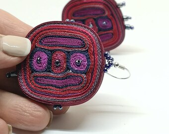 Dangle earrings purple beaded, oversized red earrings, large fabric earrings, personalized gift for woman, custom jewelry by Audra Zili