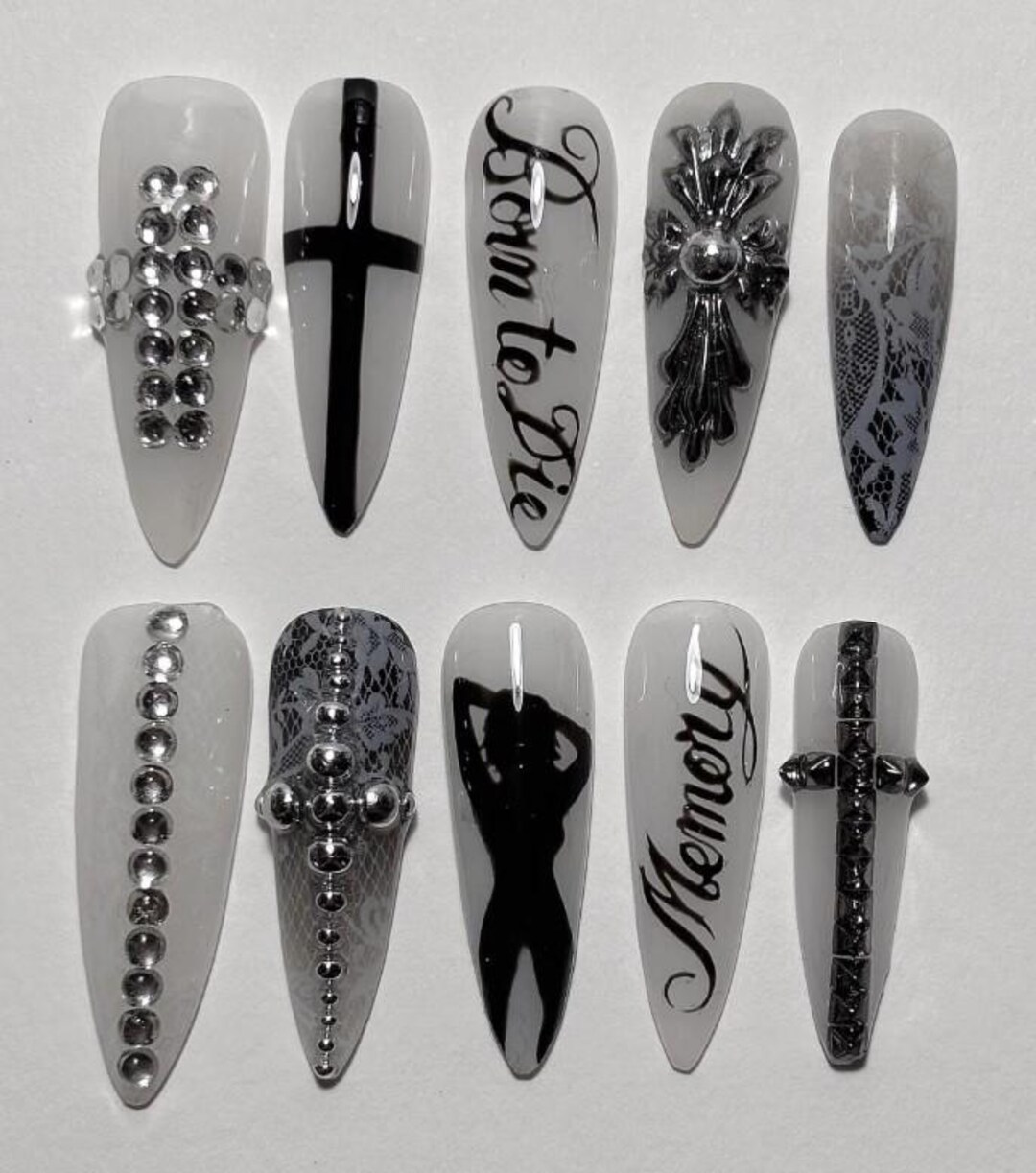 Gothic Dark Romance Press on Nails, 3D Silver Cross and Lace Nail Art ...