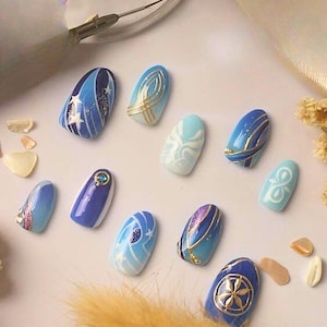 Wanderer Inspired Press On Nails Genshin Impact Scaramouche Art Nails Blue Anemo Theme Custom Handmade Reusable Fake Nails