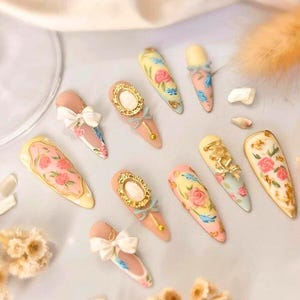 Vintage Rococo Press On Nails 3D Gold Frame and Rose Art Nails Victorian Coquette Aesthetic Custom Handmade Reusable Fake Nails