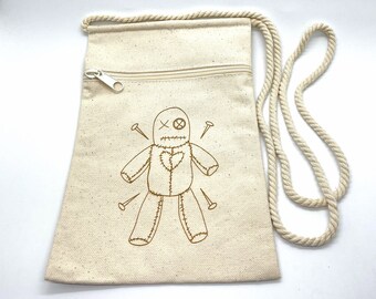 6 x 9 Voodoo Doll Printed Purse Crystal Bag Canvas Cotton Pouch Witch Witchcraft Pagan Goth Gift New Orleans Nola Poppet