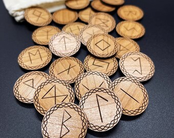 Elder Futhark Cherry Wood Rune Set with Pouch Heathen Witch Witchcraft Pagan Viking Norse Odin Divination Celtic Wicca Heathenry