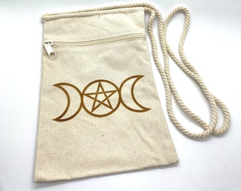 6 x 9 Pentagram Triple Moon Goddess Printed Purse Crystal Bag Canvas Cotton Pouch Witch Witchcraft Pagan Gift  Wicca Wiccan Celtic