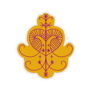 May include: A yellow sticker with a purple heart-shaped symbol with intricate details. The symbol is surrounded by a decorative border and has a stylized stem with crosses and stars.