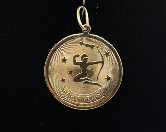 1970s Vintage 1.25” Sagittarius Medallion Pendant Gold Tone Astrology Witch Witchcraft Celestial Birthday November December Zodiac Horoscope