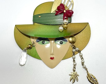 Vintage 1980s Enameled One of a Kind  Fashion Face Brooch with Faux Pearls Crystals and Red Bow