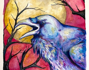 Harvest Raven Original Watercolor 5x7 Moon Autumn Fall Corvid Crow Halloween Spooky Goth Gothic Haunted