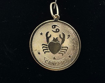 1970s Vintage 1.25” Cancer Medallion Pendant Gold Tone Astrology Witch Witchcraft Celestial Birthday June July Zodiac Horoscope