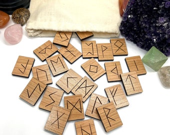 Elder Futhark Cherry Wood Rune Set with Pouch Heathen Witch Witchcraft Pagan Viking Norse Odin Divination Celtic Wicca Heathenry