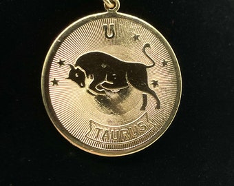 1970s Vintage 1.25” Taurus Medallion Pendant Gold Tone Astrology Witch Witchcraft Celestial Birthday May April Zodiac Horoscope