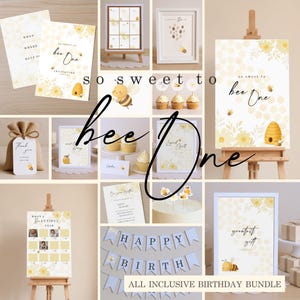 Könnte beinhalten: Ein umfassendes Geburtstags-Set mit Bienen-Thema. Enthält Einladungen, Schilder, Cupcake-Topper, ein Banner und einen gerahmten Druck. Das Farbschema ist gelb und weiß, mit Illustrationen von Bienen und Waben.