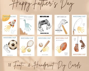 Plantilla digital para imprimir 18 tarjetas con huellas de manos y pies de bebé para el Día del Padre | Feliz Día del Padre | Inglés y alemán