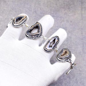 Black Agate Slice Bracelet, 925 Silver Boho Statement Jewelry, Irregular Stone Shapes