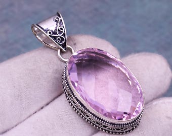 Pendentif pierre gemme kunzite rose à facettes, bijoux en argent 925, forme ovale, cadeau d'anniversaire, bijou en argent fait main vintage