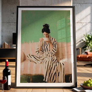 Feminine Coffee Moment Art Print: Sage Green Woman Portrait (Digital Download)
