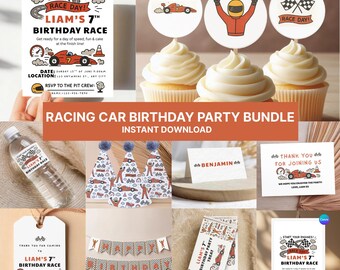 May include: A racing car birthday party bundle with various themed items. Includes invitations, cupcake toppers, party hats, water bottle labels, place cards, thank you cards, gift tags, a banner, and treat bags. The design features race cars and checkered flags.