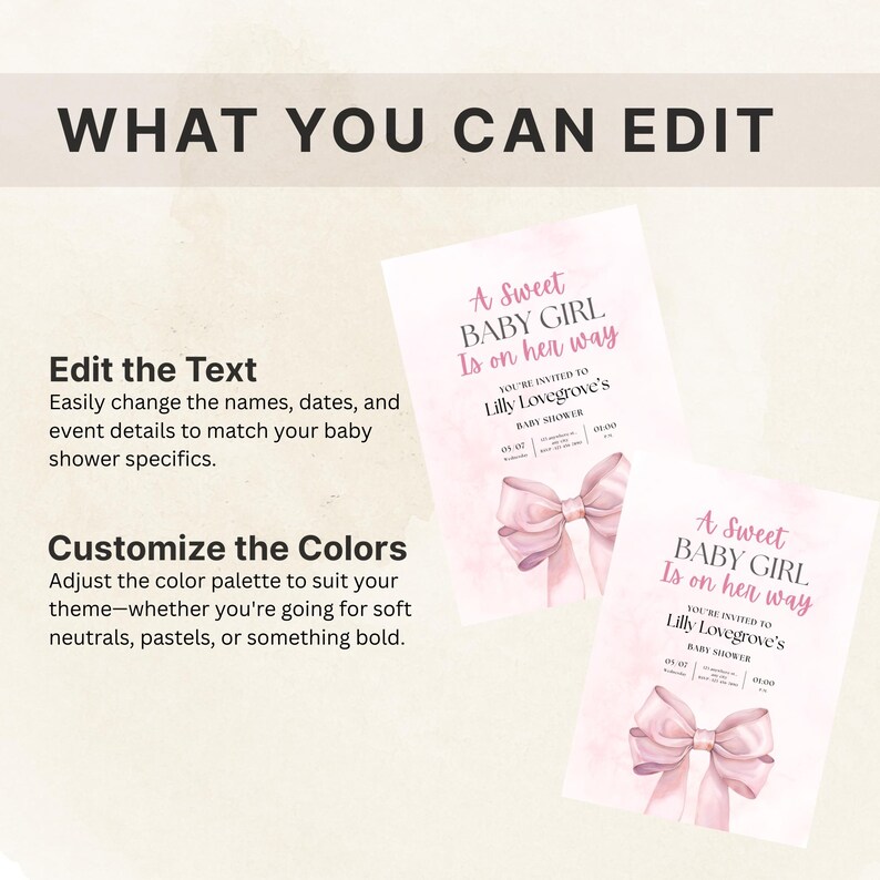Pink Bow Baby Girl Editable Card, Chic Printable Baby Shower Invitation ...